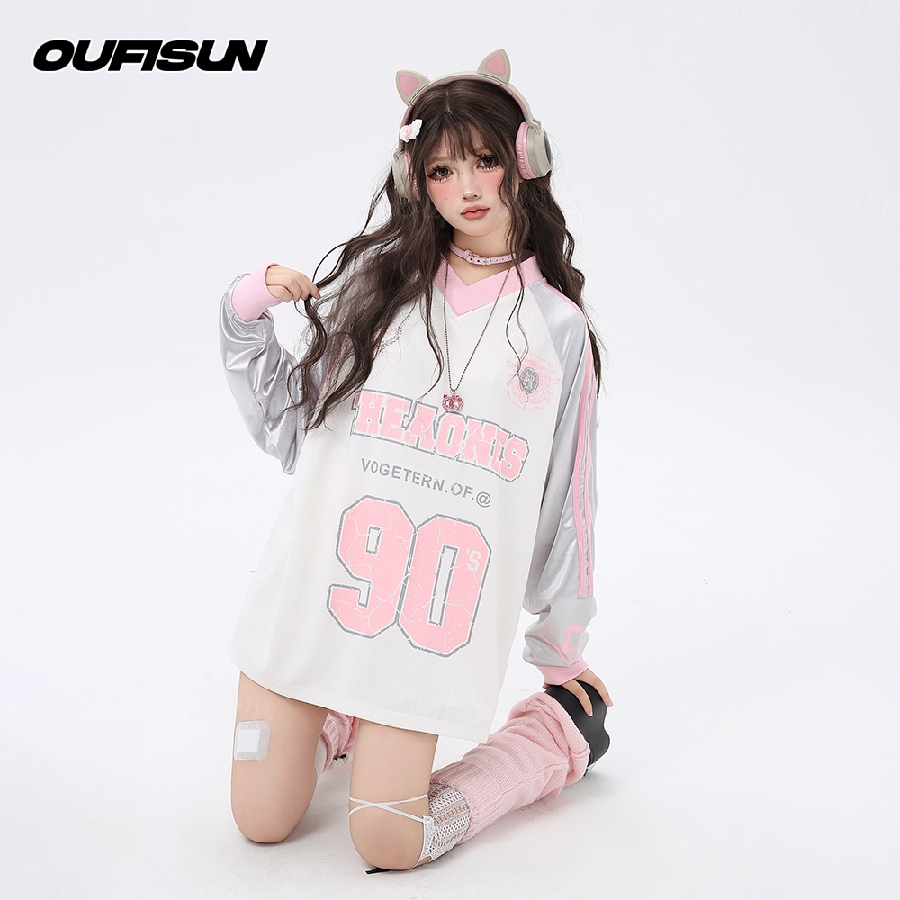 เสื้อยืดแขนยาวผู้ชายและผู้หญิงสไตล์เกาหลี Oversize หลวมคอวีเสื้อยืด Unisex NO.90 เสื้อแขนยาวกีฬา Hottrend 2024 - รูปที่ 2