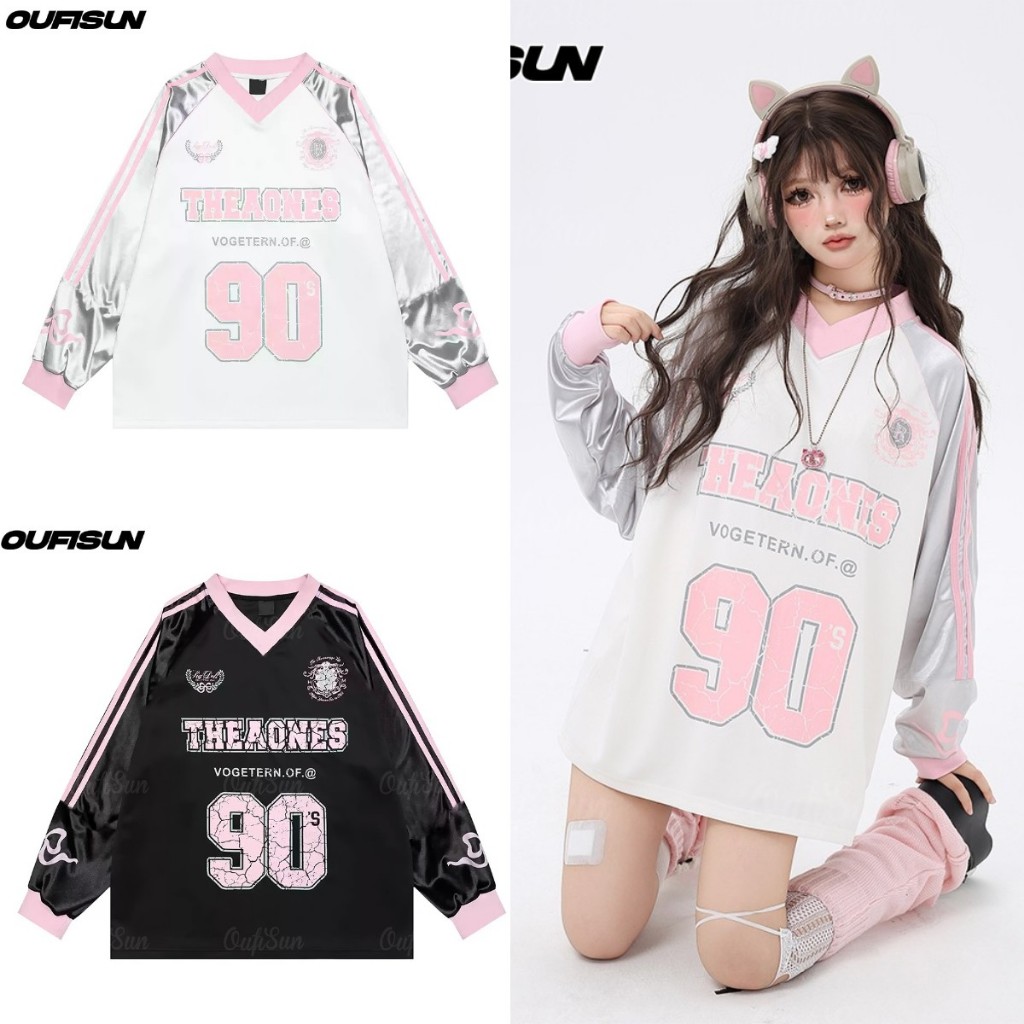 เสื้อยืดแขนยาวผู้ชายและผู้หญิงสไตล์เกาหลี Oversize หลวมคอวีเสื้อยืด Unisex NO.90 เสื้อแขนยาวกีฬา Hottrend 2024