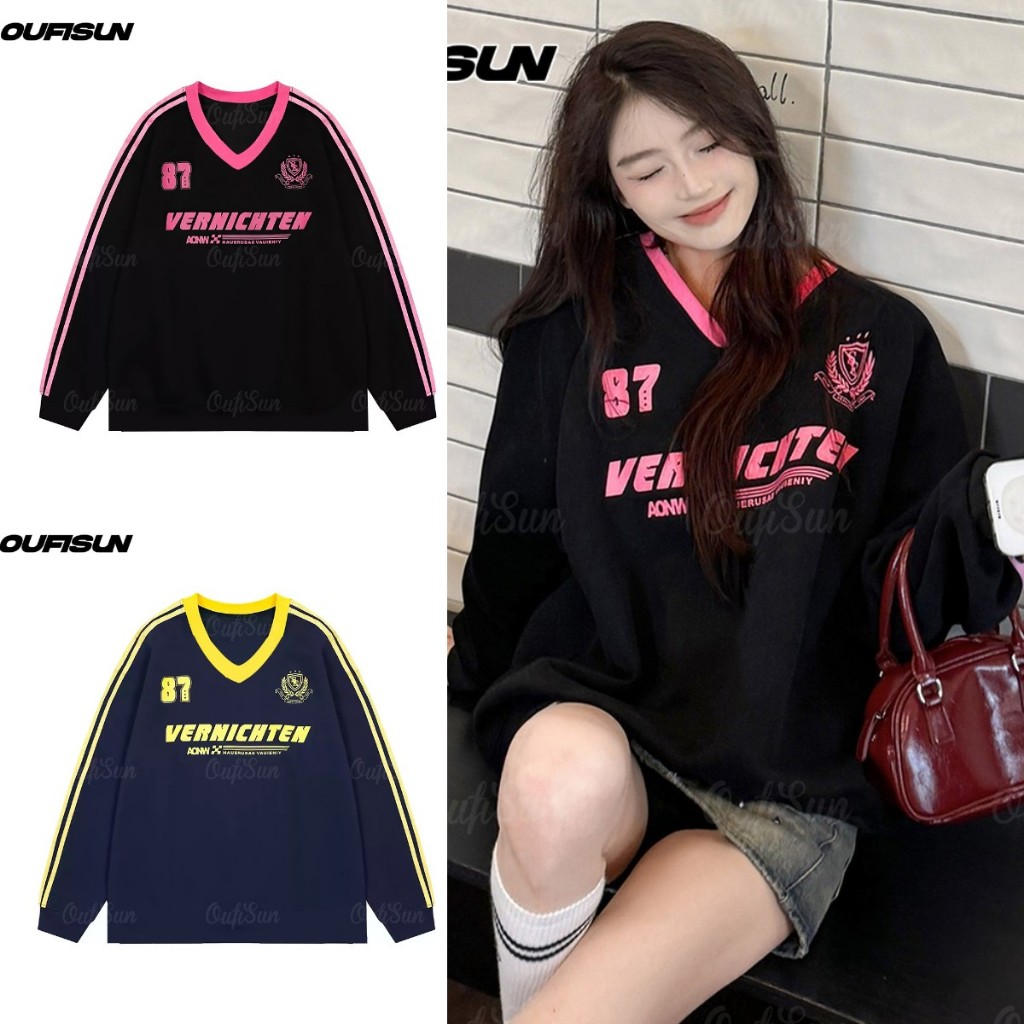 สไตล์เกาหลีผู้ชายและผู้หญิงแขนยาวเสื้อยืด โอ เวอร์ไซส์ หลวมคอวี ยู นิสซ์ เสื้อยืดอเมริกันย้อนยุคกีฬาเสื้อแขนยาว ฮอตเทรนด์ 2024