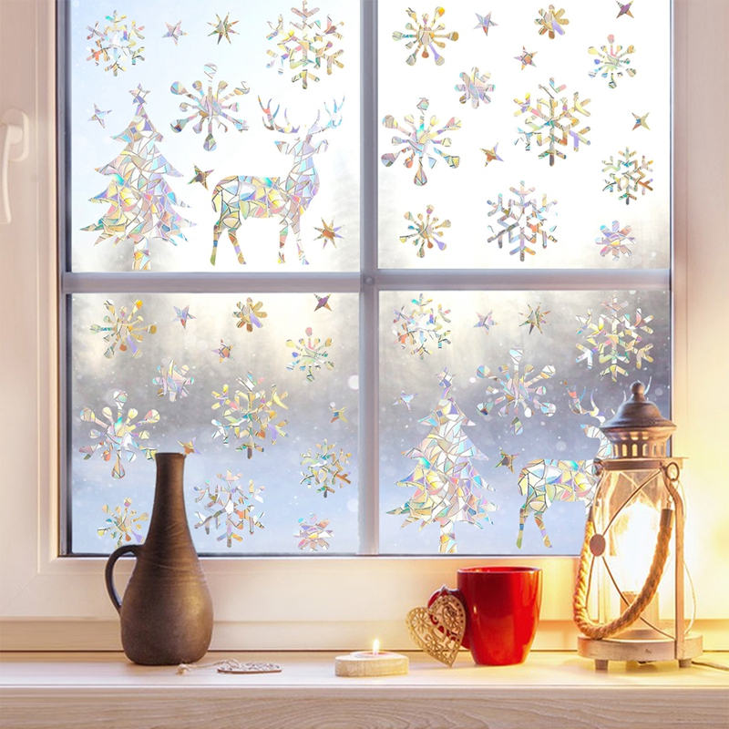 2 แผ่น 30*20 ซม.หน้าต่างคริสต์มาส Clings Xmas Tree Snowflake Deer รูปแบบเลเซอร์สติกเกอร์หน้าต่างตกแต่งคริสต์มาสสําหรับ Home Happy ปีใหม่ 2025 ตกแต่งฤดูหนาว Home Party Deco