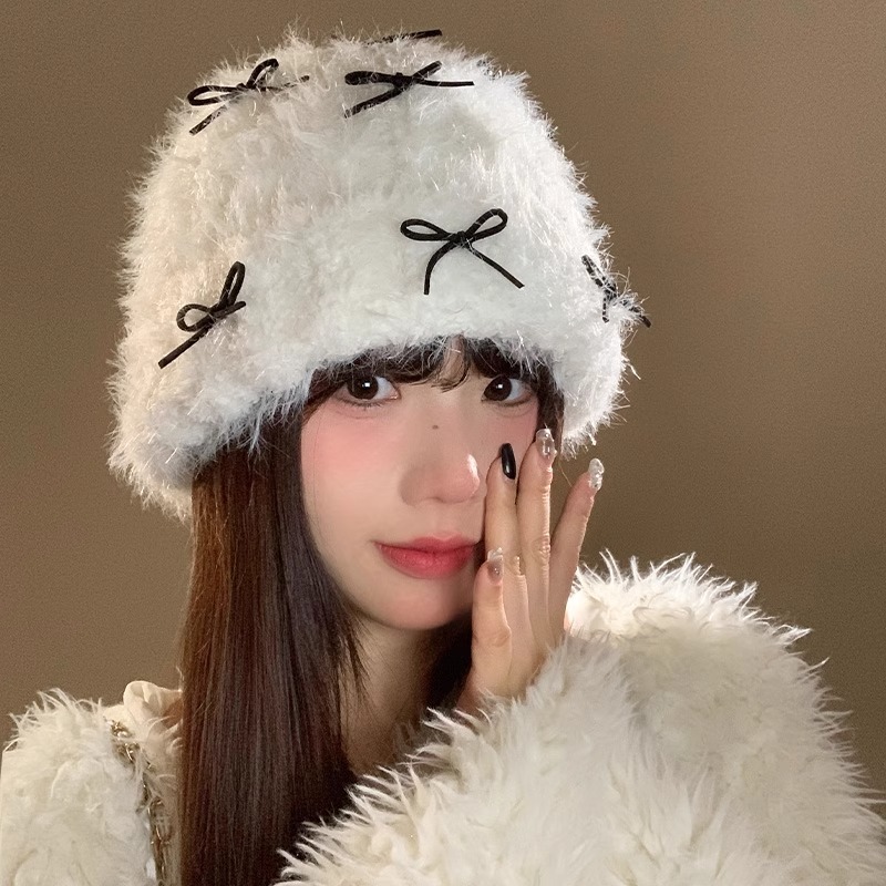 เวอร์ชั่นเกาหลีหวานโบว์หมวกตุ๊กตาฤดูใบไม้ร่วงฤดูหนาวหนาป้องกันหูที่อบอุ่นถักหมวกเย็นเส้นรอบวงหัวใหญ่ขนาดเล็กหน้า