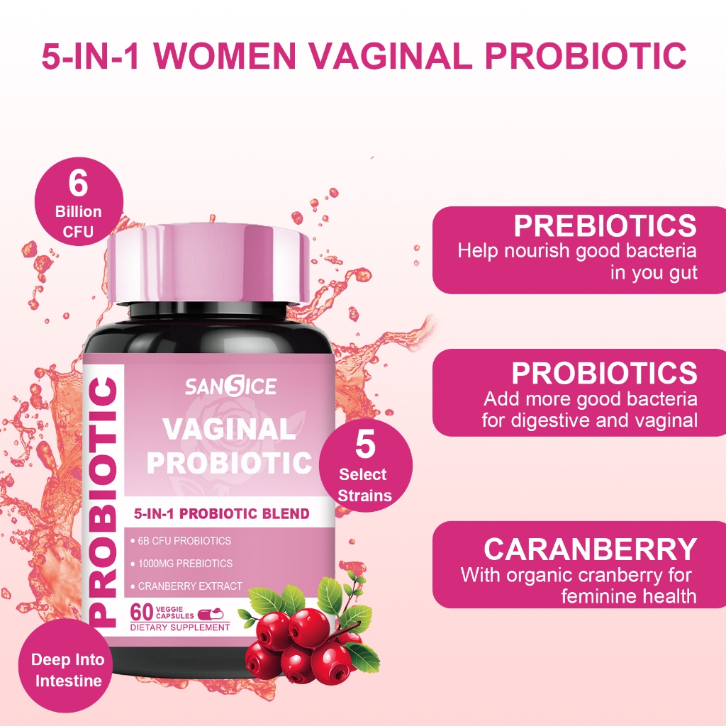 SANSICE, โปรไบโอติกหญิง, 6B CFU Probiotics,สารสกัดแครนเบอร์รี่, Balancing Vaginal Flora,60 เม็ด