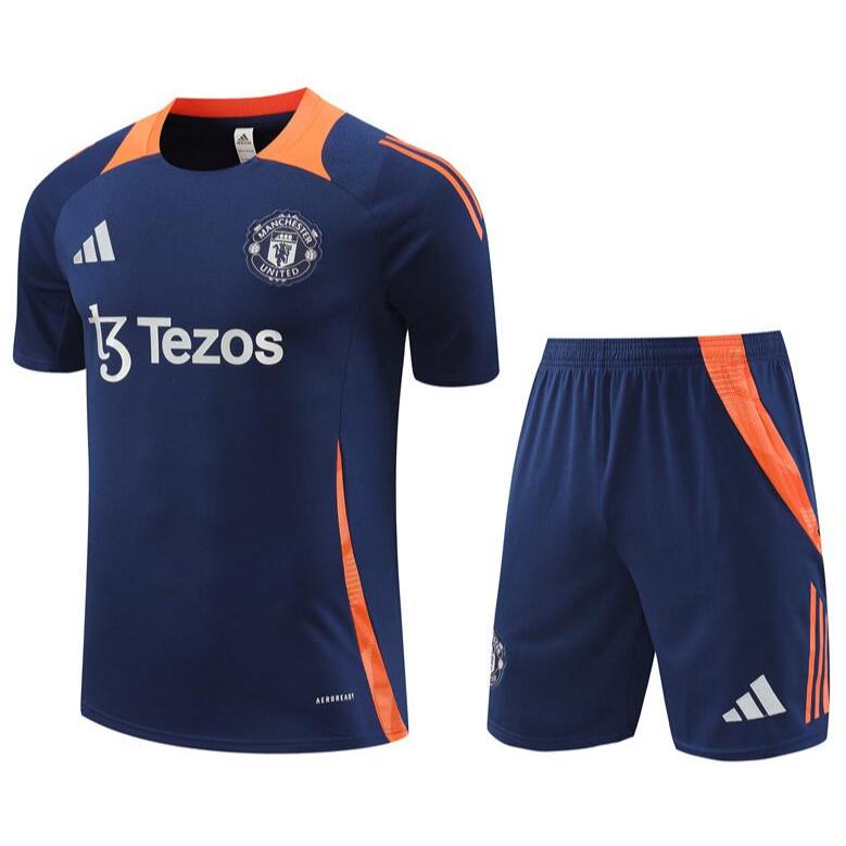 24-25 แมนเชสเตอร์ สห สีฟ้าชุดฝึกซ้อมฟุตบอลชายฤดูร้อนแขนสั้นเสื้อฟุตบอลกางเกงขาสั้น ชุดวอร์ม กระเป๋าชายกีฬาวิ่งจ๊อกกิ้งกีฬาโพลีเอสเตอร์ ส-2เอ็กแอล