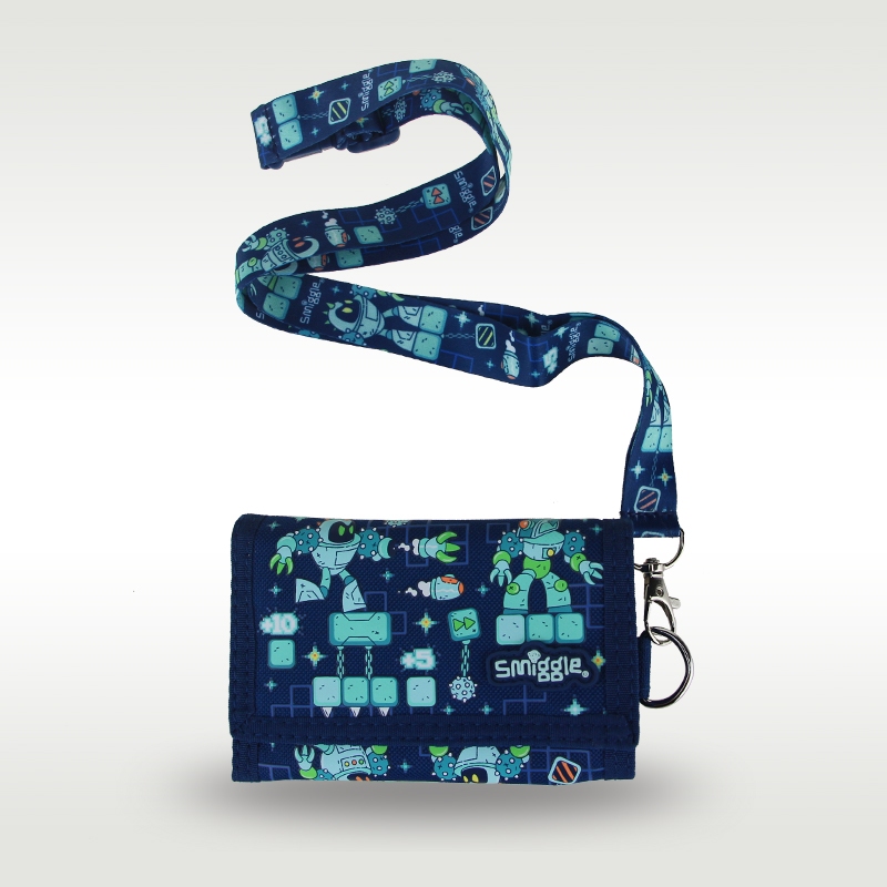SMIGGLE ออสเตรเลีย ลักลอบ กระเป๋าสตางค์เด็ก เด็กผู้ชาย ลึก สีฟ้า หุ่นยนต์ กระเป๋าสตางค์คลัตช์ โฟลเดอร์หนัง สามชั้น กระเป๋าใส่บัตร กระเป๋าใส่เหรียญ 5 นิ้
