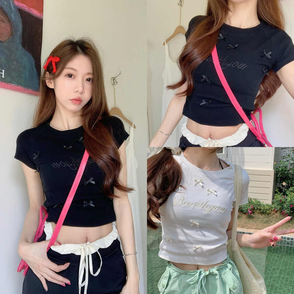 Luna Shop เสื้อยืดแขนสั้นลายโบว์น่ารักน่ารักดีไซน์แบบคนส่วนน้อยเสื้อตัวสั้น