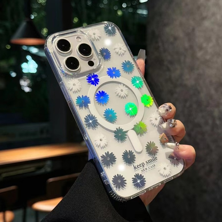 ใหม่ Blooming Flowers เลเซอร์เปลี่ยนสีเคสโทรศัพท์แม่เหล็กสําหรับ iPhone 16 plus 15 14 Pro Max 13 ปลอกกันกระแทกป้องกัน Hard Back soft edge Cover