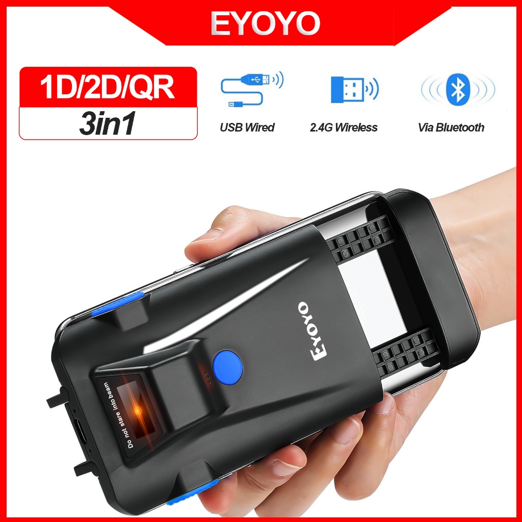 Eyoyo 1D 2D Barcode Scanner,โทรศัพท์กลับคลิปบนเครื่องสแกนเนอร์,แบบพกพา,3-In-1 USB & Wireless ผ่านบลูทูธชาร์จ QR Code Reader เข้ากันได้กับ iPhone,Android,Windows