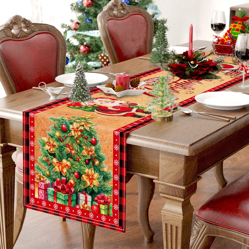 ผ้าลินินMerry Christmas Table Runner รูปแบบต้นคริสต์มาส Retro Santa Claus ตกแต่งโต๊ะรับประทานอาหารตกแต่ง Xmas Decor