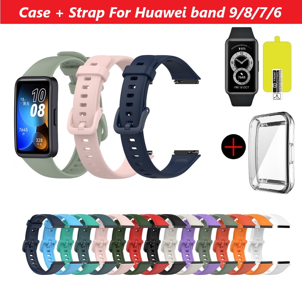 สายซิลิโคนสําหรับ Huawei Band 9 8 7 Honor Band 7/6/6pro นุ่มกันน้ํากีฬาสมาร์ทวอท์ชสายรัดข้อมือแฟชั่น + ฝาครอบ