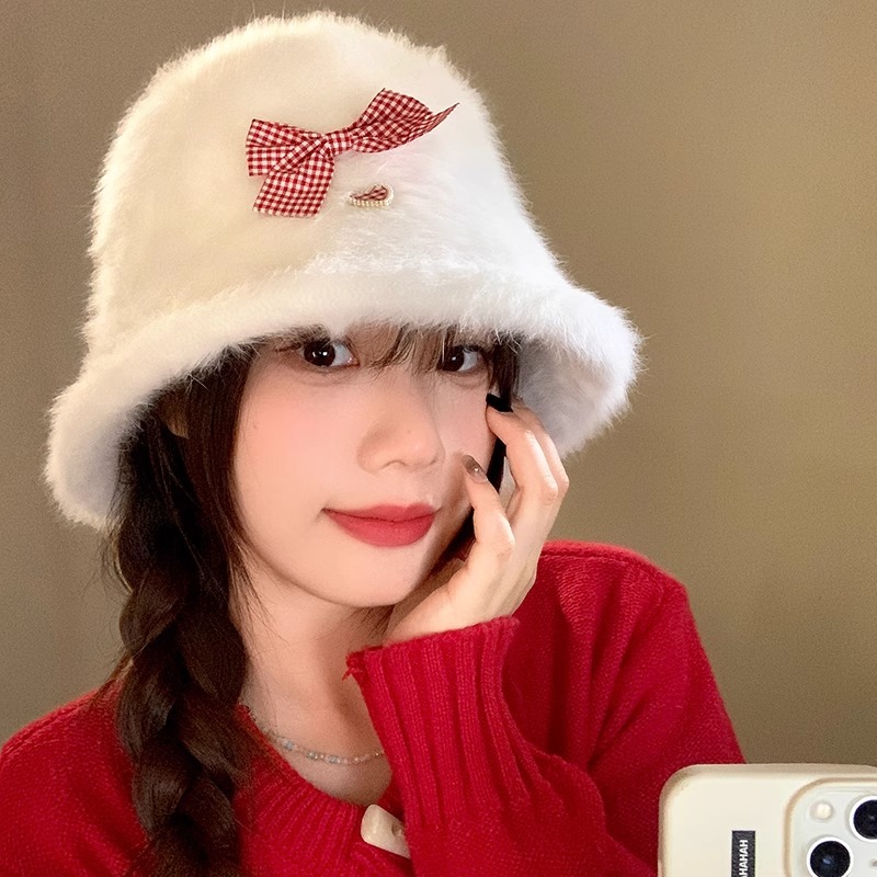 กระต่ายญี่ปุ่นขนสัตว์ Bow Plush หมวกผู้หญิงฤดูใบไม้ร่วงฤดูหนาวหนาป้องกันหูหมวก All-Match Face-ดูขนาดเล็ก Bas