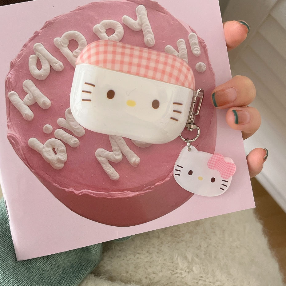 หูฟังเคสบลูทูธเข้ากันได้สําหรับ AirPods 1/2 Pro(2019) 3 Pro2(2022) AirPods 4 สีชมพูตรวจสอบ Kitty เคส IMD พร้อมสายรัด