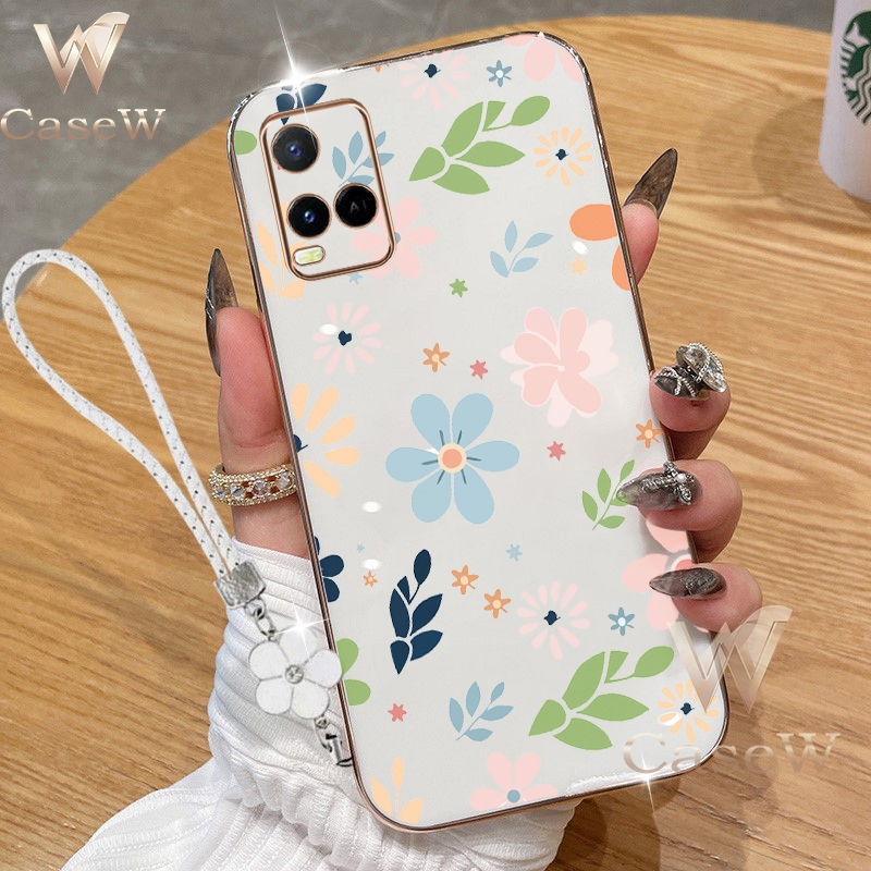 เคสโทรศัพท์สําหรับ VIVO Y21/Y33S 4G/Y21S พร้อมเชือกแขวนโคลเวอร์สี่ใบดอกไม้ Macaron สีสันหรูหราสาวนุ่มป้องกันกล้อง