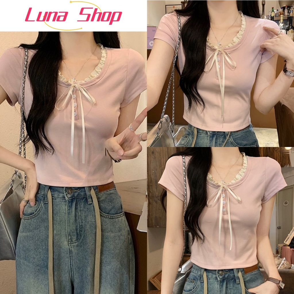 Luna Shop เสื้อยืดแขนสั้นผูกโบว์ สีชมพู สไตล์หวานๆ ฤดูร้อน