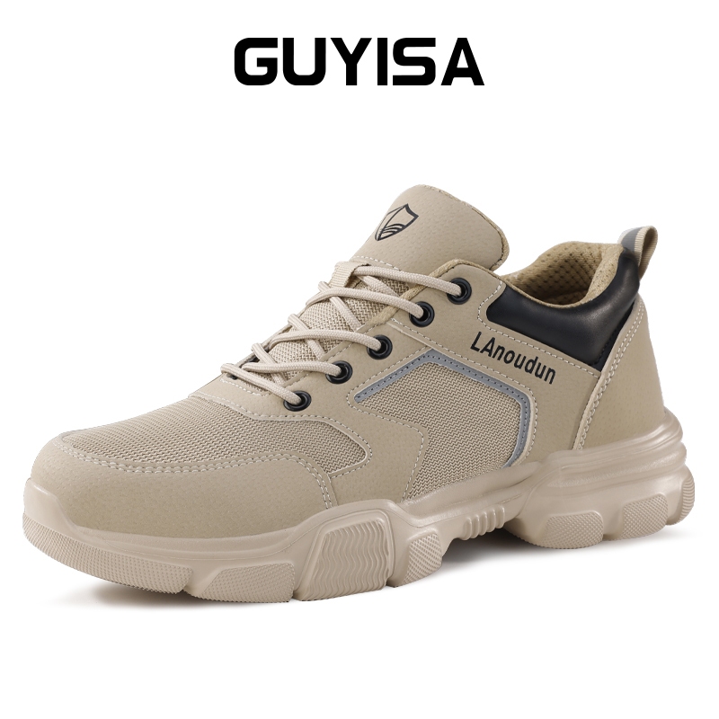 Guyisa รองเท้านิรภัยรองเท้าทํางานหัวเหล็กนุ่มสบายระบายอากาศสีกากี D232F 36-46