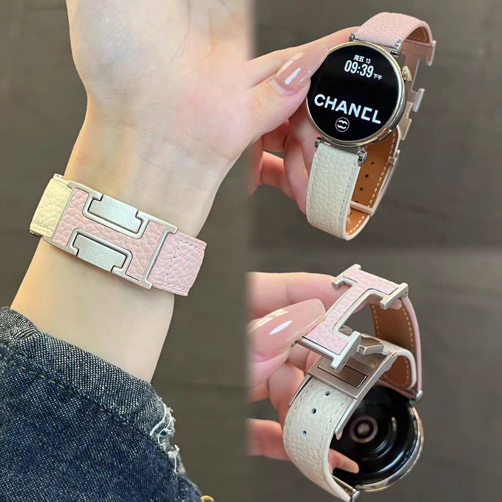 18 มม.20 มม.22 มม.ลิ้นจี่สายหนังสําหรับ Samsung Galaxy Watch GT 6 5 4 โลหะแม่เหล็กหัวเข็มขัดออกแบบสําหรับ Huawei Watch Series GT 5 4 3 2 PRO Fit 3 2 PRO Fit 3 2 42 มม.43 มม.