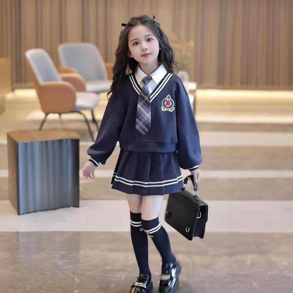 คุณภาพสูงสาวฤดูใบไม้ร่วงเจเคชุดกระโปรงเด็กวิทยาลัยลมชุดกระโปรงจีบ+เสื้อผ้าแขนยาว