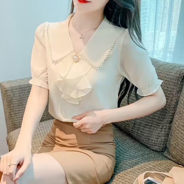แฟชั่นผู้หญิงเสื้อชีฟองแขนสั้นด้านบนสบายๆหลวมสวมใส่สบายสุภาพสตรีทํางานสีขาวแอปริคอทเสื้อผ้าออกนอกบ้านเล่นสวมใส่