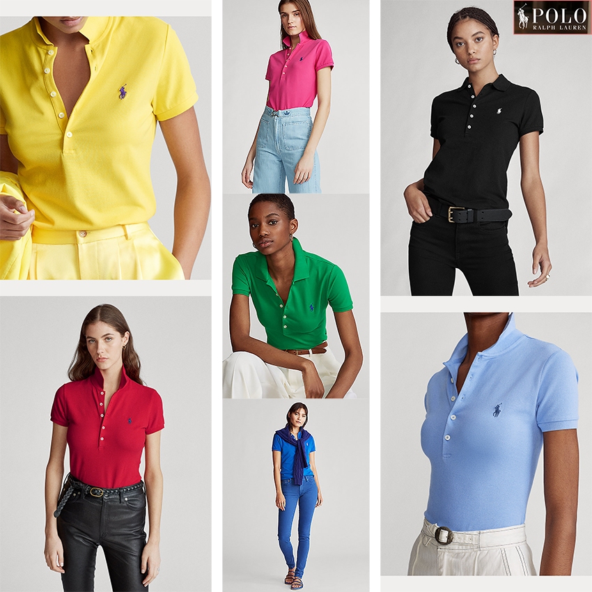 Ralph Lauren ผู้หญิงสีบริสุทธิ์ 5 ปุ่ม POLO เสื้อปัก POLO Pony แขนสั้น POLO เสื้อแขนสั้นปกสั้น T สุท