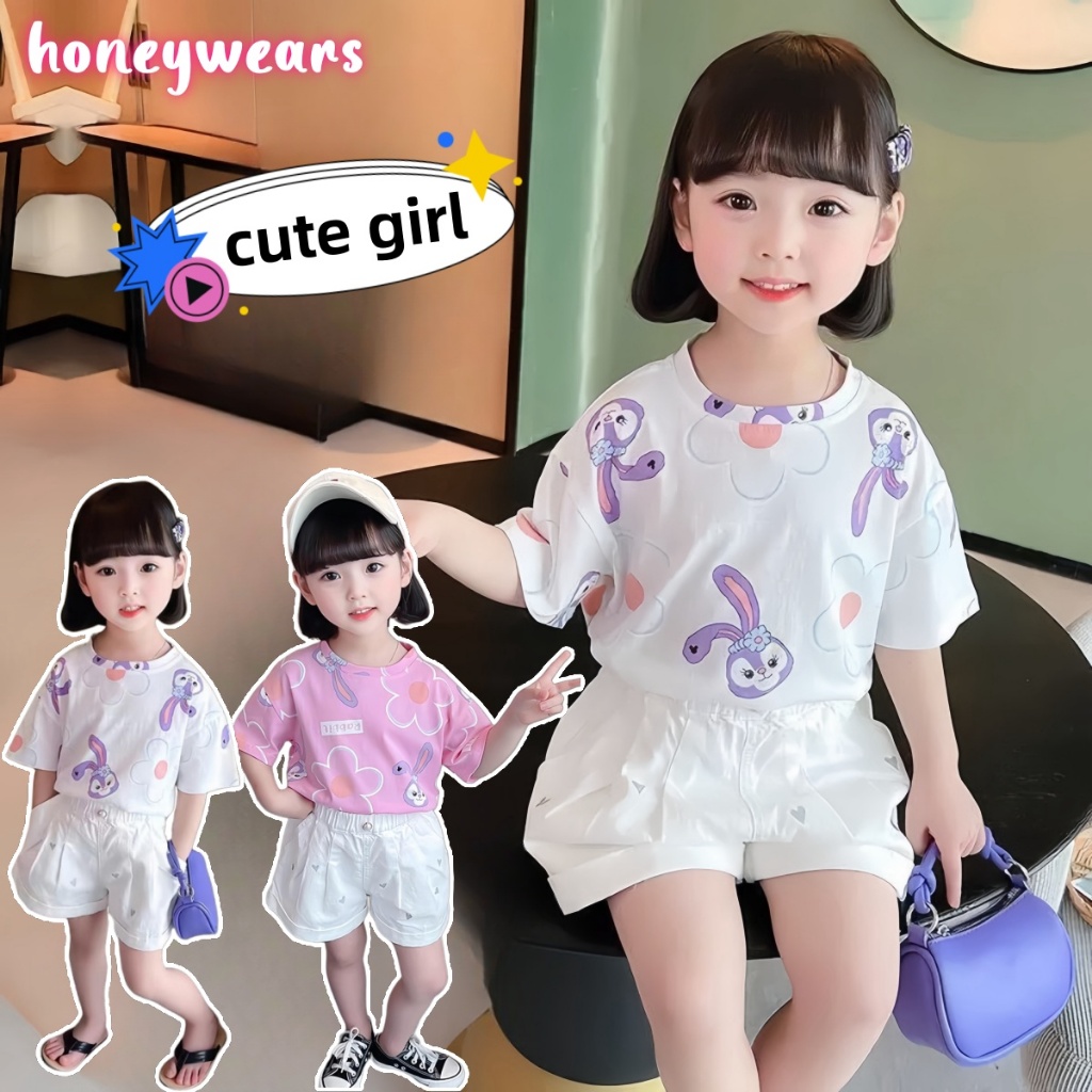 honeywears พร้อมส่ง เสื้อยืดแขนสั้นเด็กหญิงแฟชั่น เสื้อผ้าลำลอง งานสกรีนลายน่ารัก สไตล์เกาหลี ฤดูร้อน ไซส์ 110-150
