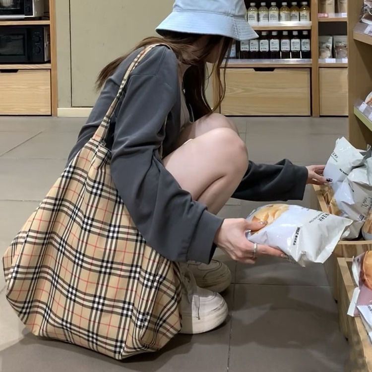 Retro Checkered Orange High Face กระเป๋าสะพายไหล่ความจุขนาดใหญ่แฟชั่นสตรี