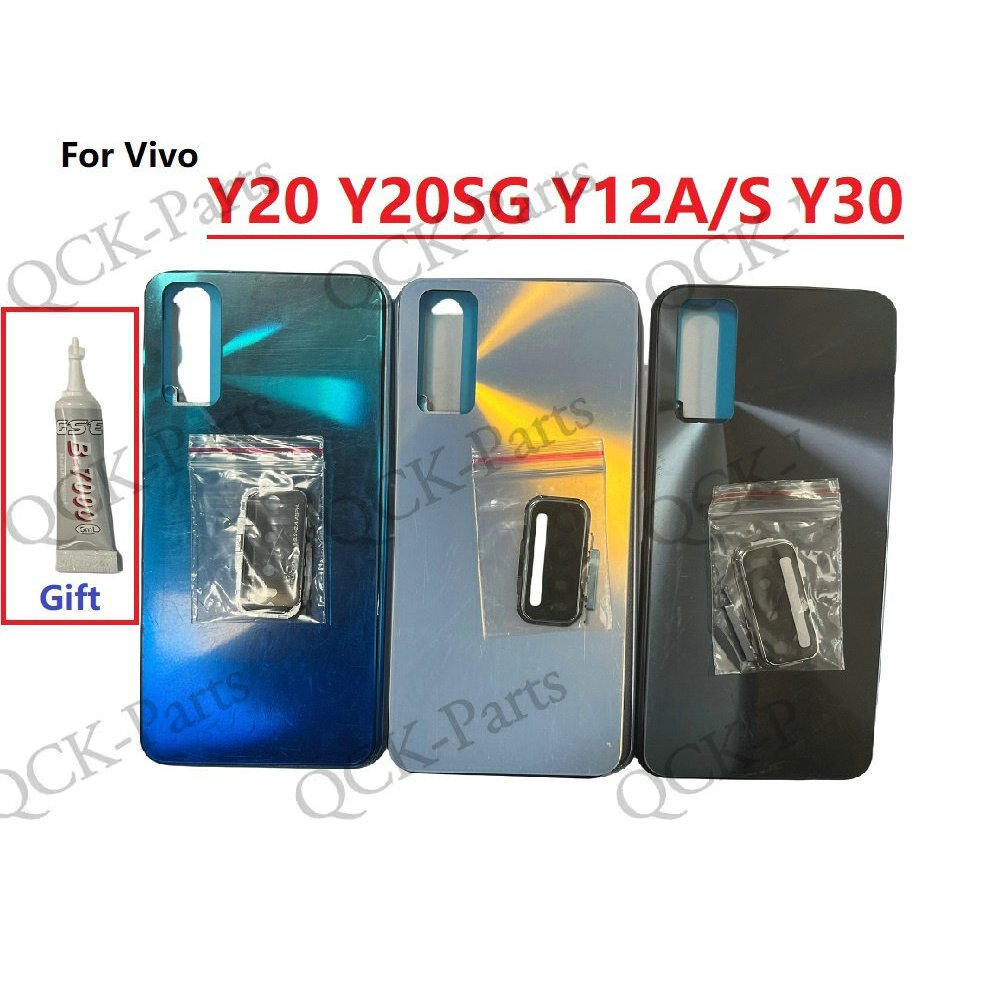 สําหรับ Vivo Y20 Y20SG Y12S Y12A ฝาหลังแบตเตอรี่ด้านหลังด้านหลังด้านหลังพร้อมเลนส์กล้องและปุ่มปรับระดับเสียง