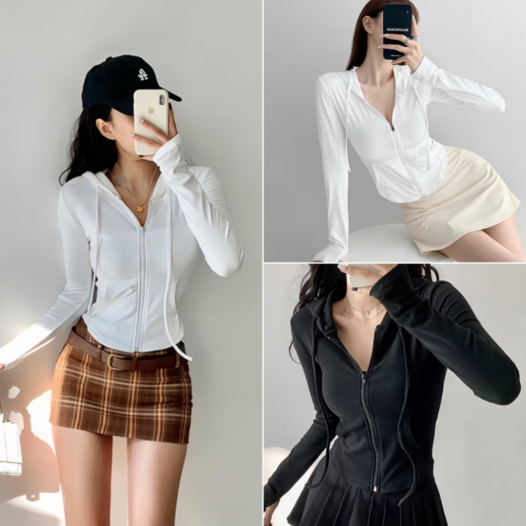 Betty house พร้อมส่ง เสื้อคลุมผู้หญิง เสื้อฮู้ดแขนยาว สีทึบ ดีไซน์ซิป รัดรูปเซ็กซี่ กีฬา ลําลอง