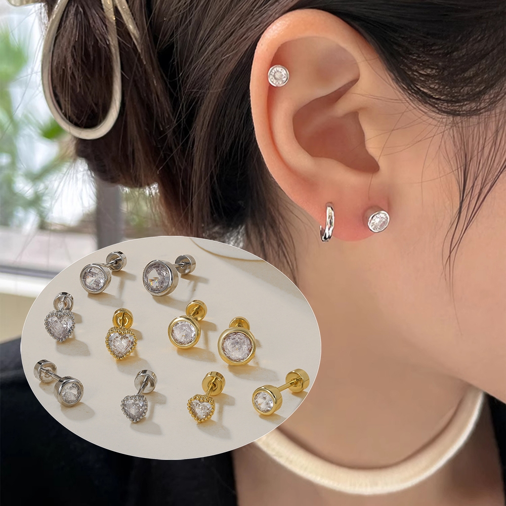 1 ชิ้น G23 ไทเทเนียมเหล็กต่างหูรอบหัวใจลูกบาศก์เซอร์โคเนียต่างหูแฟชั่นเครื่องประดับ