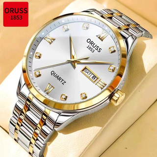 [Gift][With Box]ORUSS Original Men/Women Stainless Steel Dual Calendar Waterproof Luminous Luxury Watch Fashion Pointer Gold Korean Version Automatic Quartz Wrist Watch For Men