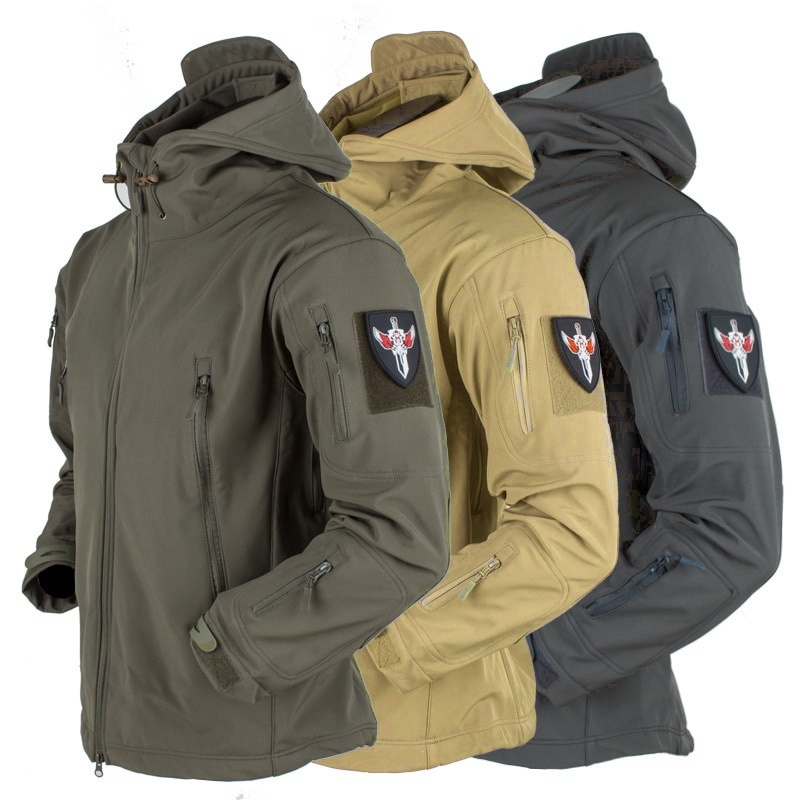ทหาร Shark Skin Soft Shell แจ็คเก็ตผู้ชายยุทธวิธี Windproof กันน้ํา Coat Hood Camp