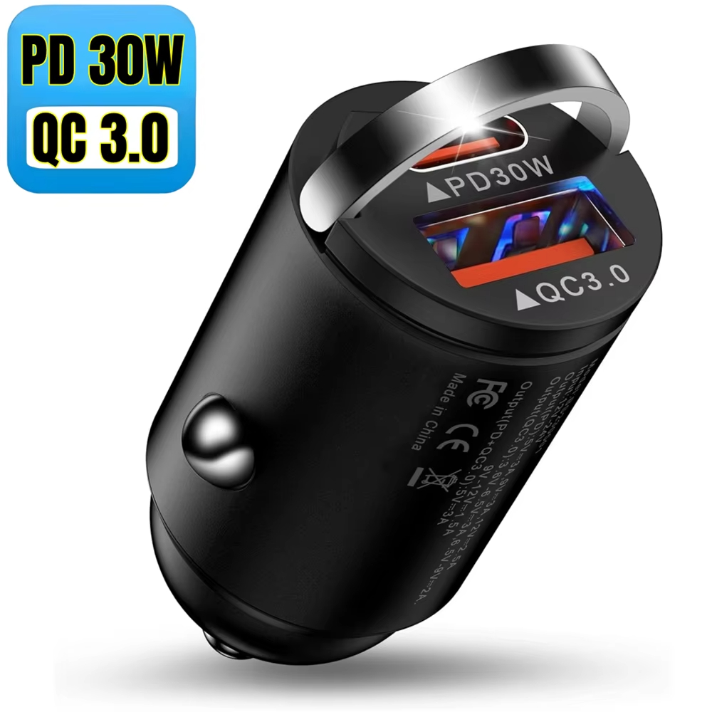 แหวนดึงโลหะ PD 30W QC 3.0 Dual Port Fast Charging Adapter USB Type C ไฟแช็ก Quick Car Charger สําหรับ Samsung iPhone