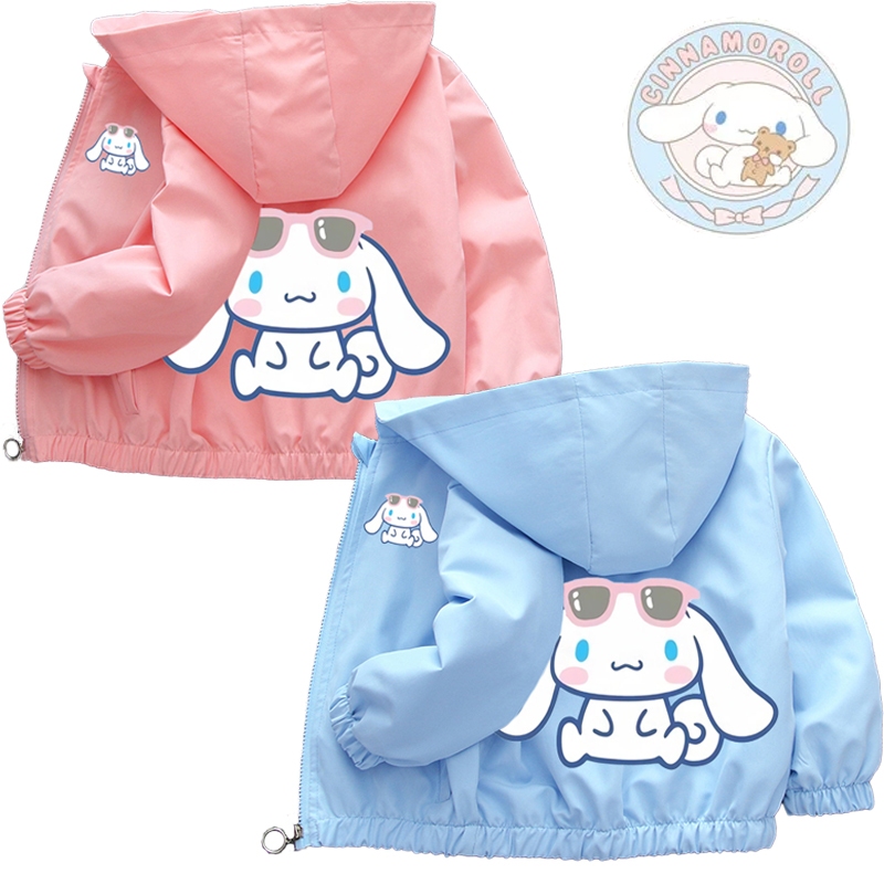 Cinnamoroll แจ็คเก็ตเด็ก Sanrio เด็กวัยหัดเดินสาวการ์ตูนพิมพ์ Hooded Coats วัยรุ่น Windbreak ฤดูใบไม้ผลิฤดูใบไม้ร่วงเสื้อผ้าเด็ก Kawaii ของขวัญวันเกิด