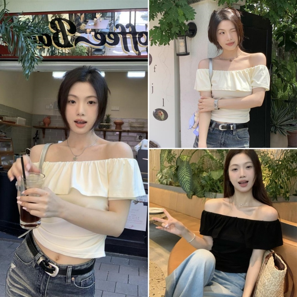 Hotgirl พร้อมส่ง✨เสื้อยืดปาดไหล่สั้นผู้หญิง เสื้อยืดแฟชั่นผู้หญิง อ่อนโยนแขนสั้น ดีไซน์เก๋ไก้และน่ารัก รุ่นใหม่ล่าสุด