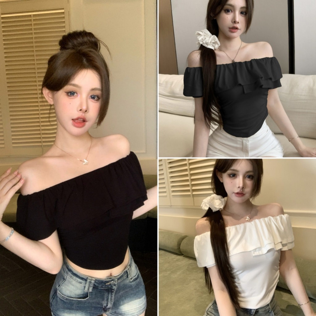 Betty house พร้อมส่ง เสื้อยืดปิดไหล่ผู้หญิง เสื้อครอปน่ารัก แขนสั้น ดีไซน์เก๋ไก้และเซ็กซี่ สไตล์ฝรั่งเศส