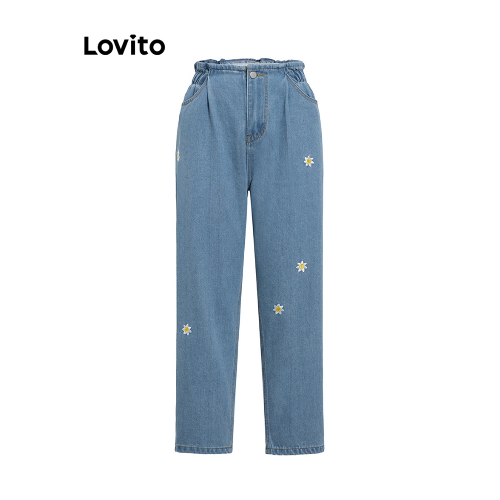 Lovito กางเกงยีนส์เย็บปักถักร้อยสไตล์ลำลองสำหรับผู้หญิง L106AD294