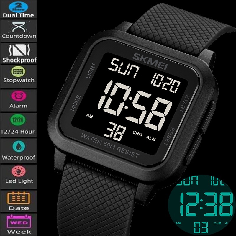 SKMEI สมี นํา นาฬิกาดิจิตอลกันน้ําสาย ปู่ นุ่มกันกระแทกกีฬาโครโนกราฟเวลาคู่ชายนาฬิกาปลุก