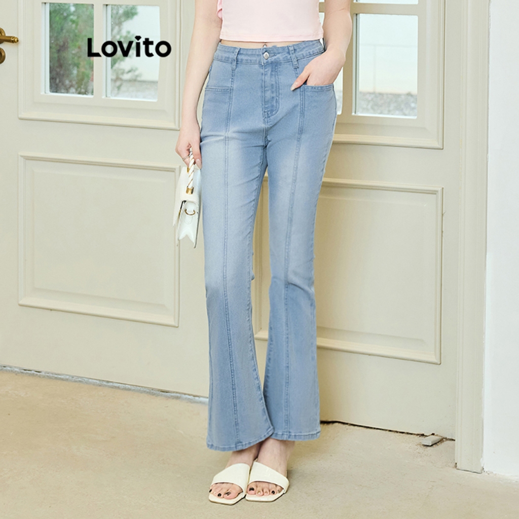 Lovito กางเกงยีนส์กระดุมกระเป๋าซิปธรรมดาสำหรับผู้หญิง L104ED624