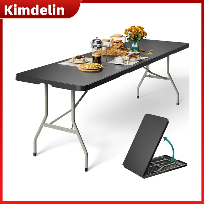 KIMDELIN โต๊ะพับอเนกประสงค์สําหรับงานหนัก, กิจกรรมงานแต่งงานพลาสติกแบบพกพากลางแจ้งในร่มโต๊ะปิกนิกพร้อมขาเหล็กและที่จับ, สีดํา