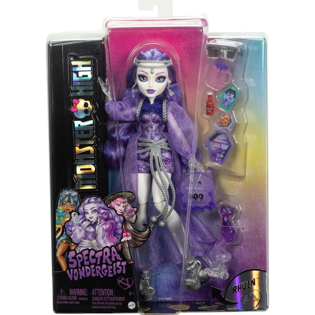 Monster High Spectra Vondergeist Doll with Pet Ferret Rhuen and Accessories Like Backpack, Tablet, S
