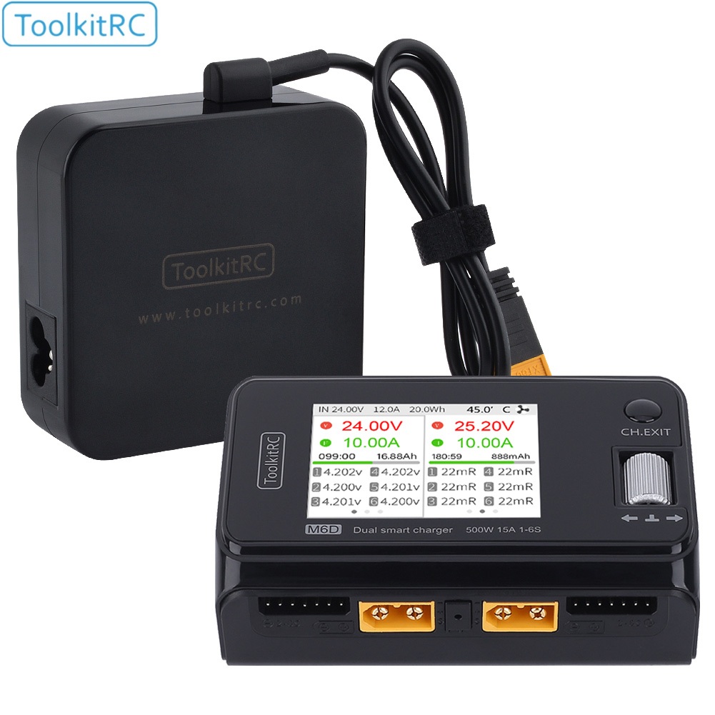 Toolkitrc M6D 500W 15A DC Dual Channel MINI Smart Charger Discharger พร้อมแหล่งจ่ายไฟสําหรับ 1-6S Li