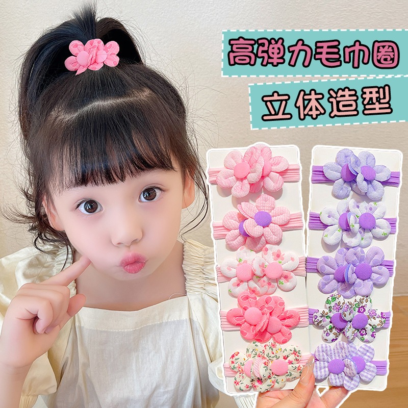 2024 ฤดูใบไม้ผลิ/ฤดูร้อนใหม่สาวหวาน มาการอง ดอกไม้โบว์ปมตัวหนาเชือกผมหัวบอล 6 แหวนผม