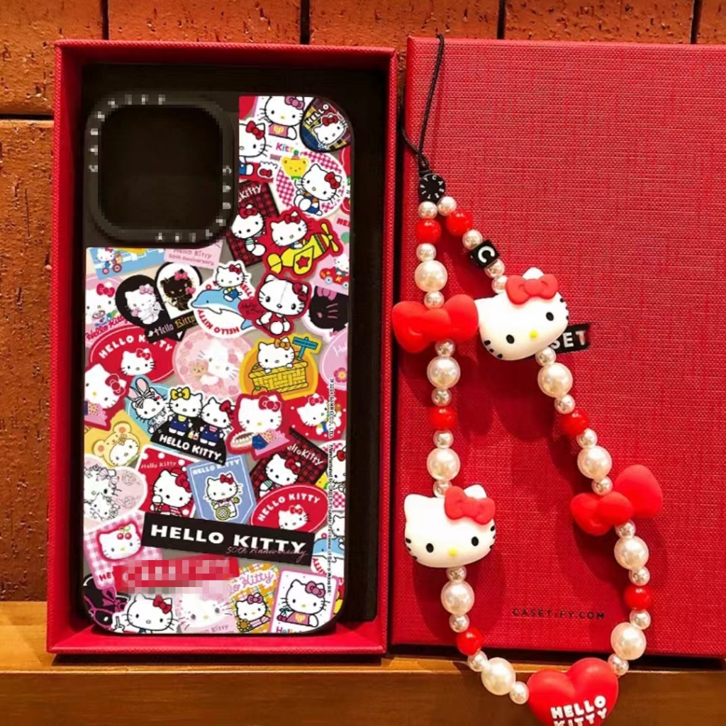 เคสโทรศัพท์ลายการ์ตูนคิตตี้สีแดงพร้อมโซ่มือ,แฟชั่นกันกระแทกเคสใส่โทรศัพท์ป้องกันเข้ากันได้กับ ไอโฟน 16บวก 16 15บวก 15 14 13 12 11