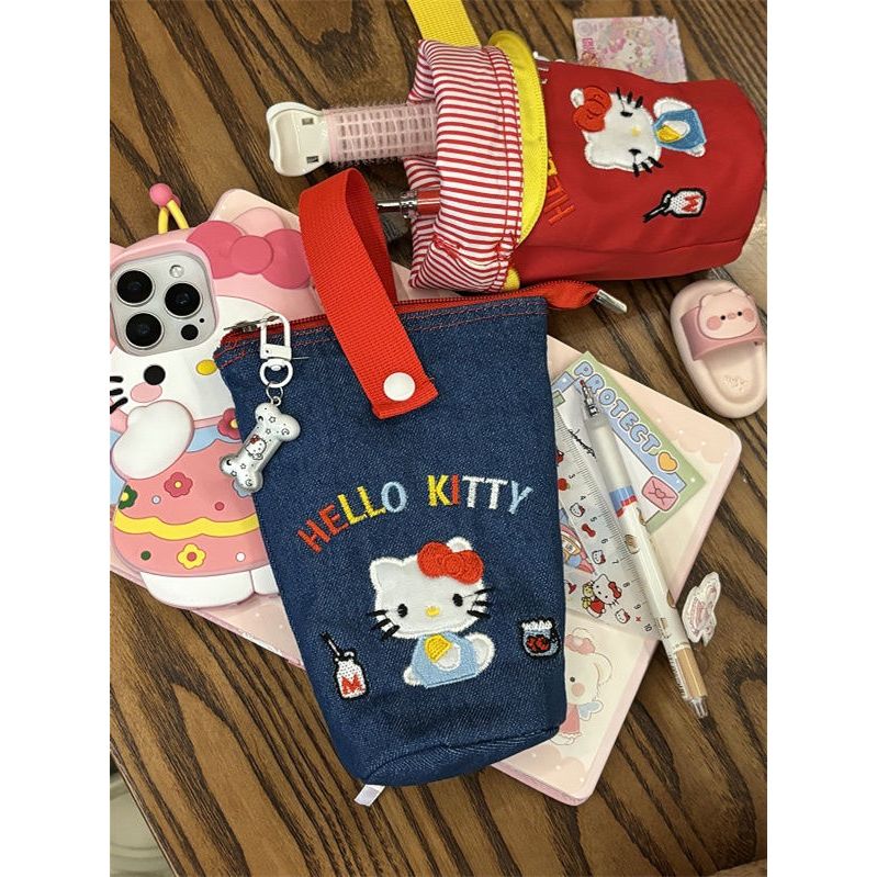 ลายคิตตี้น่ารัก กระเป๋าปากกาเย็บปักถักร้อย ลายการ์ตูน แฟชั่นผ้าใบผู้หญิง กระเป๋าแต่งหน้าแบบพกพา