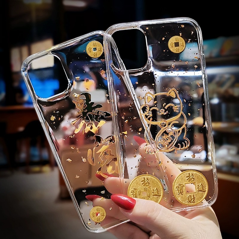 สไตล์ใหม่ 11 Fortune 12 Get Rich 13 Lucky Cat 14 ฟอยล์ทองอีพ็อกซี่ xs เหมาะสําหรับ Apple 16promax เคสโทรศัพท์ xr Creative 7p โปร่งใส iPhone15 กันกระแทก 6 เคสป้องกัน