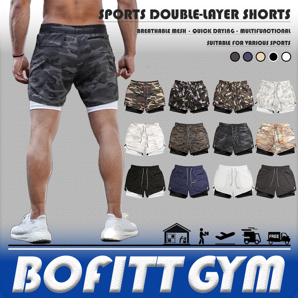Bofittgym ผู้ชาย 2 ใน 1 วิ่งกางเกงขาสั้นกีฬาวิ่งออกกําลังกายกางเกงขาสั้นแห้งเร็วกางเกงขาสั้นชายหาดชายยิมกางเกงขาสั้น