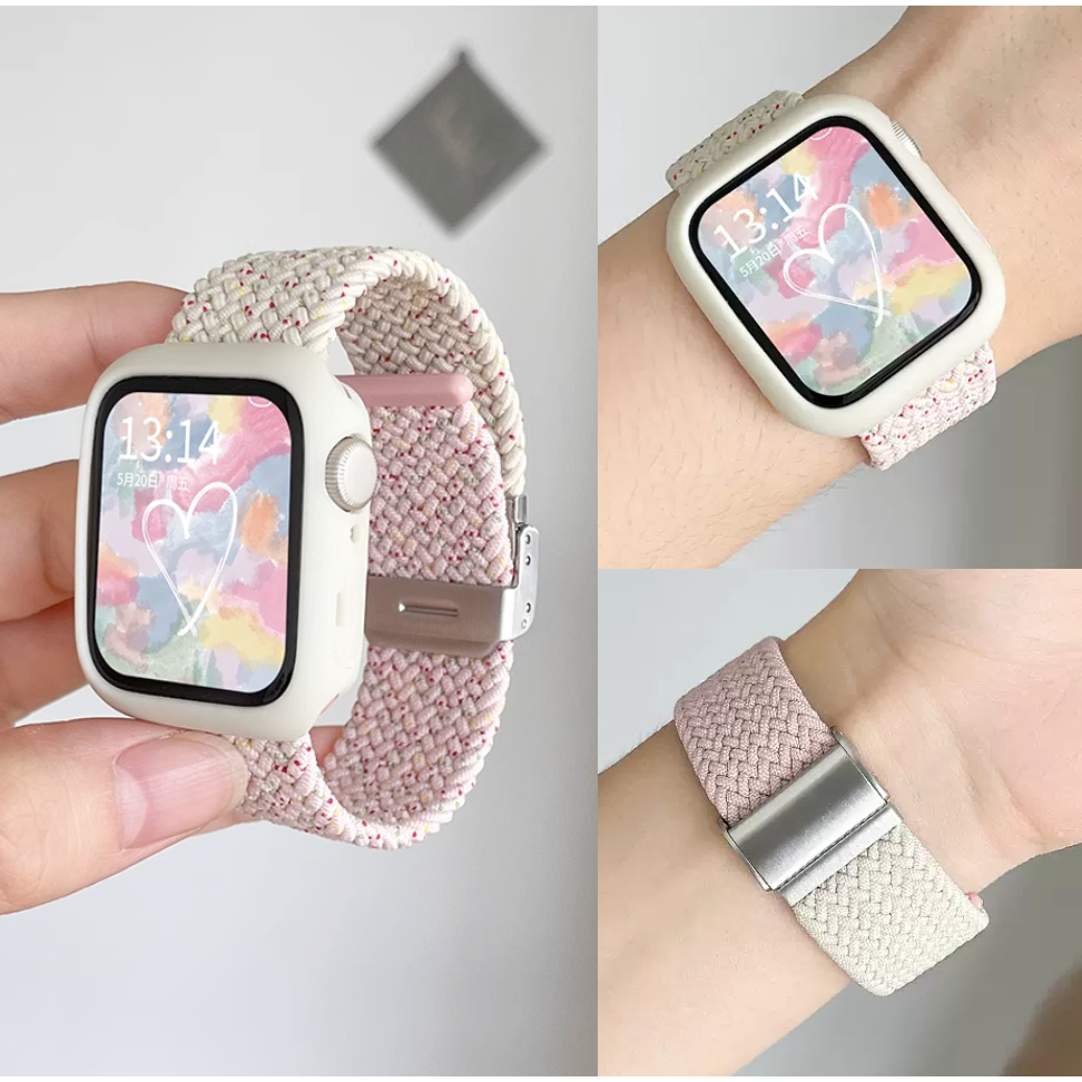 Free Case! Braided Nylon Watchband Compatible For Apple Watch สาย Series 10 9 8 7 6 5 4 3 2 1, se , 