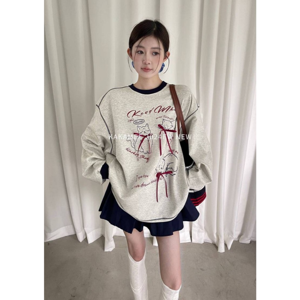 เสื้อสเวตเตอร์แขนยาวพิมพ์ลายโบว์แมวการ์ตูนสไตล์หวานและเผ็ดสไตล์เกาหลี