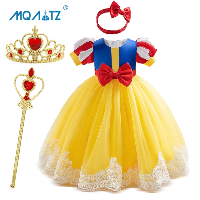 Mqatz ยาวสาวคอสเพลย์ชุดวันเกิดเสื้อผ้าสีเหลืองสาวแสดงเครื่องแต่งกายลูกไม้เจ้าหญิงพรรคชุด4-10ปี ลา LAL36