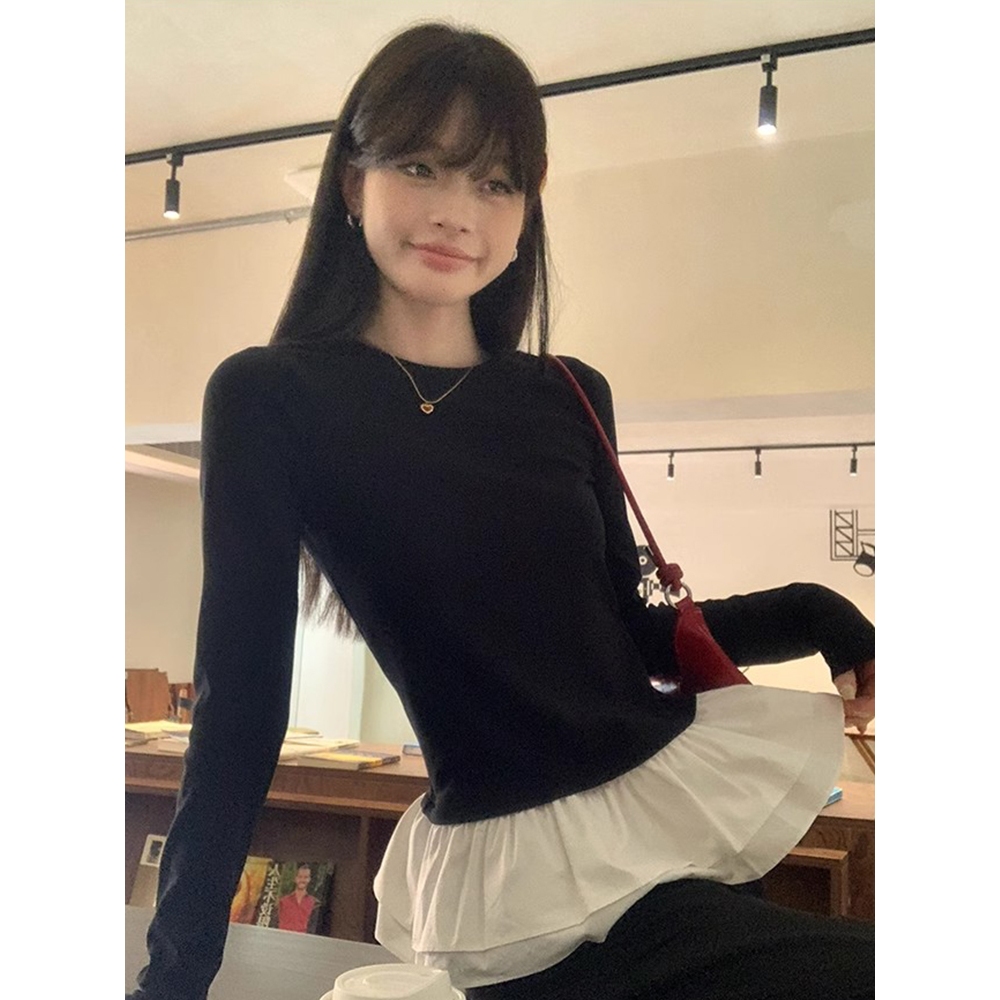 NZN เสื้อยืดแขนยาวสีดําผู้หญิงหรูหราลูกไม้สไตล์บัลเล่ต์