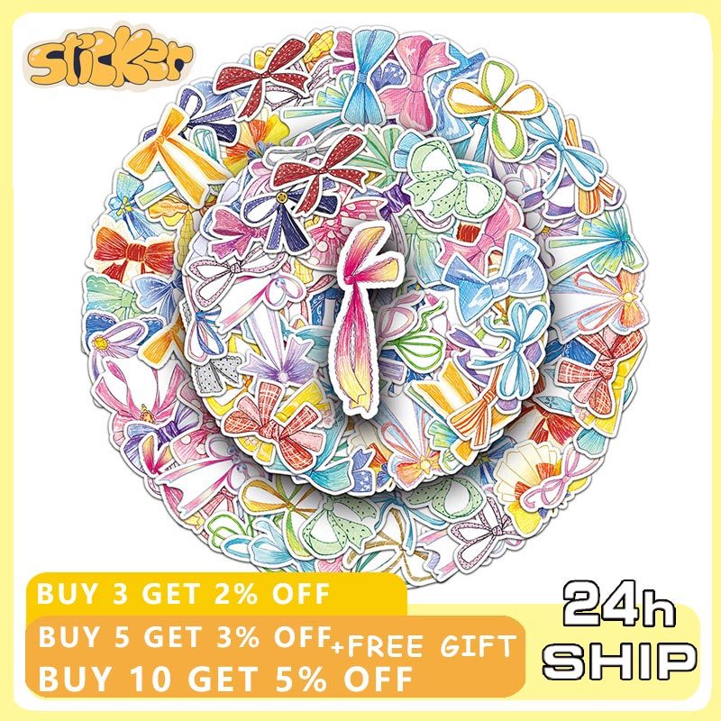 50pcs น่ารักโบว์สติกเกอร์สีชมพู Ins สไตล์การ์ตูน Decals ตกแต่ง DIY โน้ตบุ๊คโทรศัพท์ Kawaii สติกเกอร์