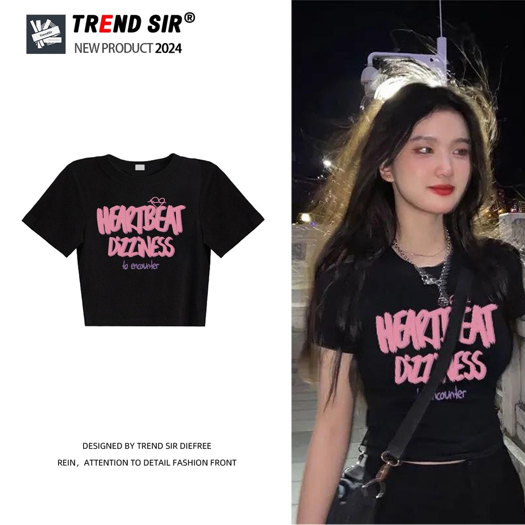 TrendSir พร้อมส่ง baby crop เสื้อยืดแขนสั้น ลายพิมพ์ตัวอักษร ใส่สบาย 100% Cotton 4สี S-XL